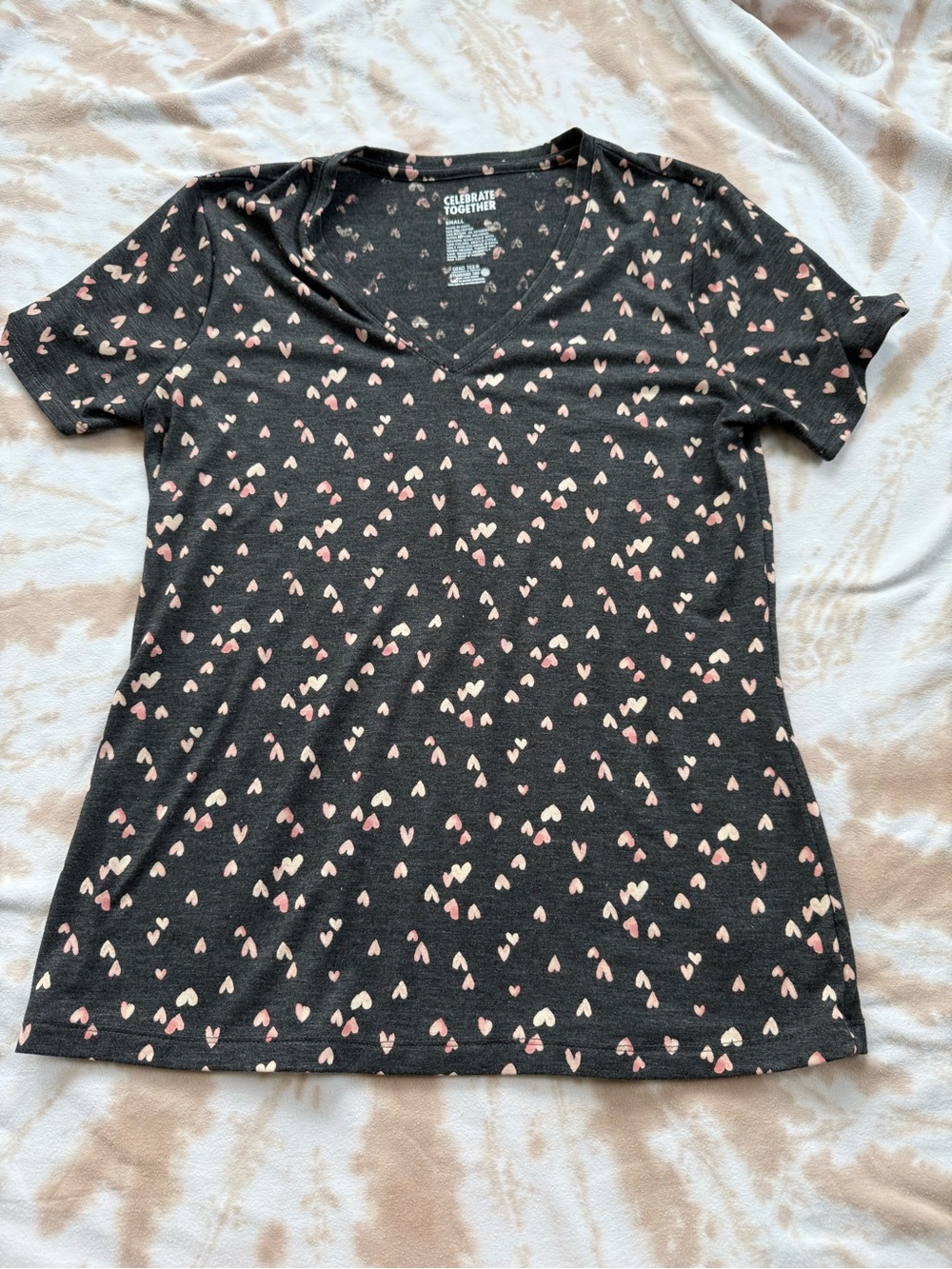 V-Neck Tee with Pink Heart Print - Small